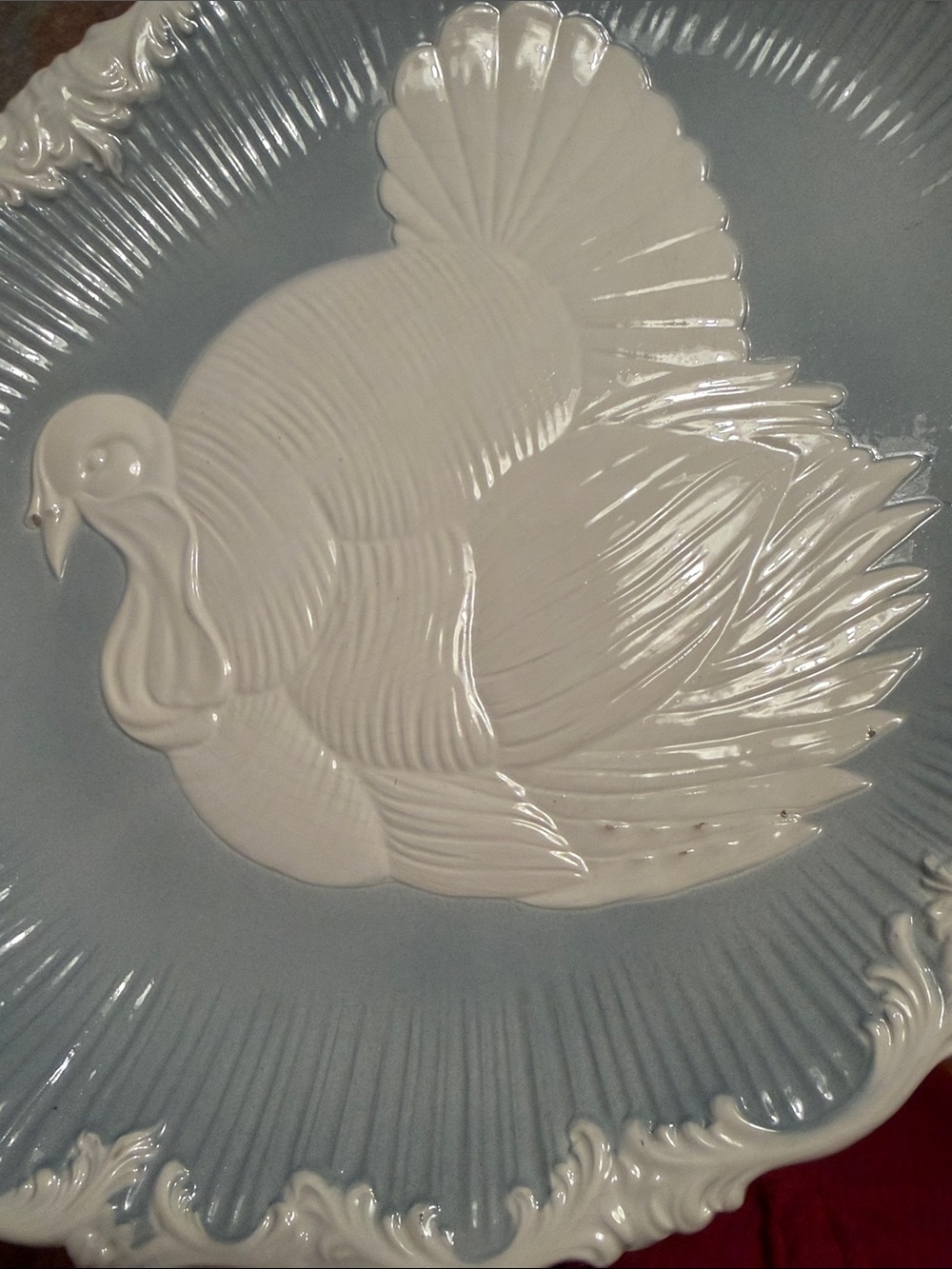 Vintage Italian Nora Fenton Turkey platter.Ceramic blue with white raised turkey